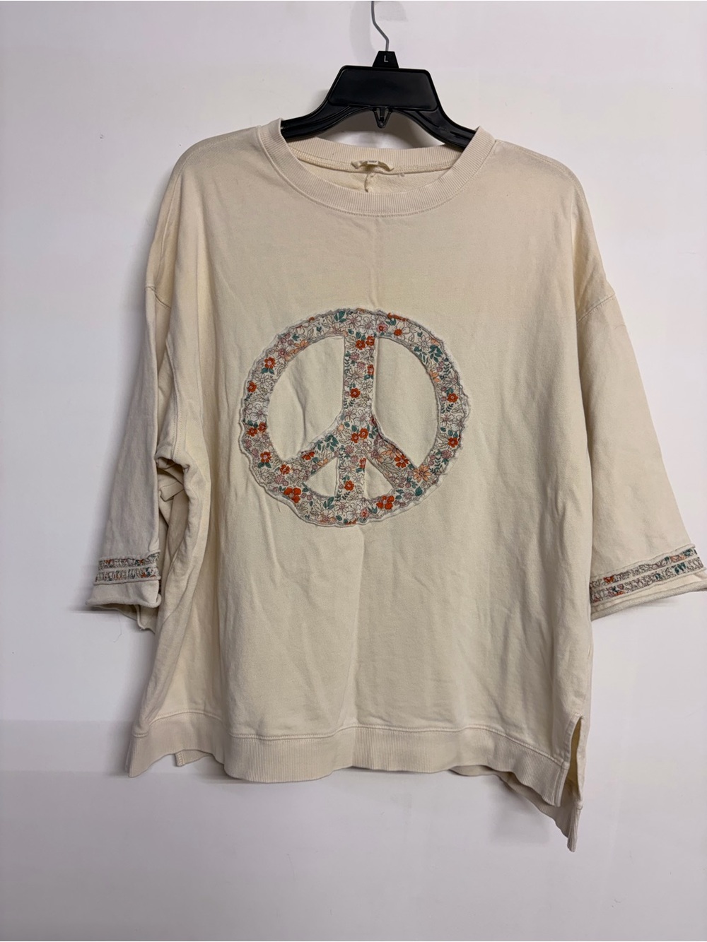 easel Cream Embroidered Peace Sign Pullover